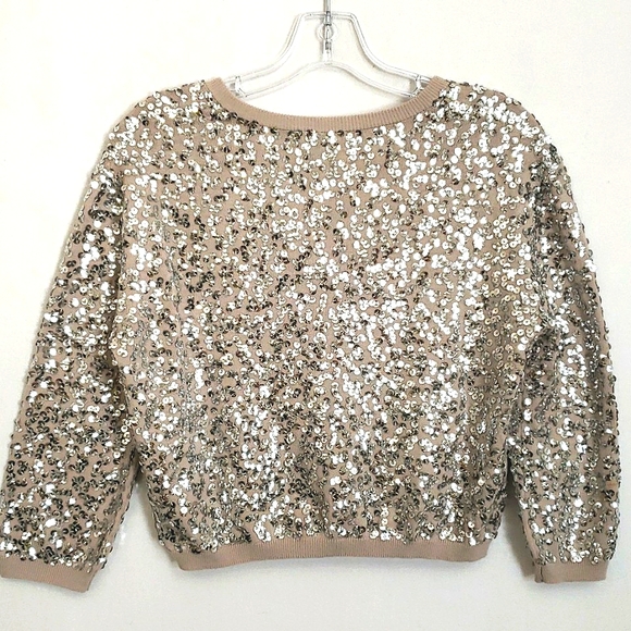 H&M Beige & Silver Sequin Knit 3/4 Sleeve Cropped Retro Inspired ♥ Cardi… - Picture 4 of 15